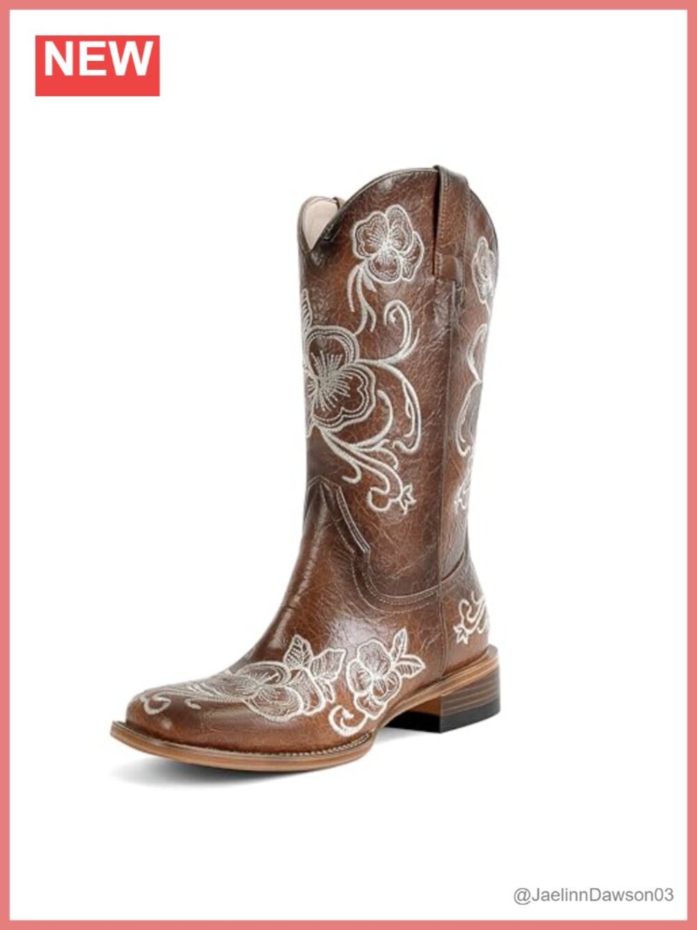 Women's Floral Embroidered Cowboy Boots, Square Toe Mid-Calf Chunky Heel Leather